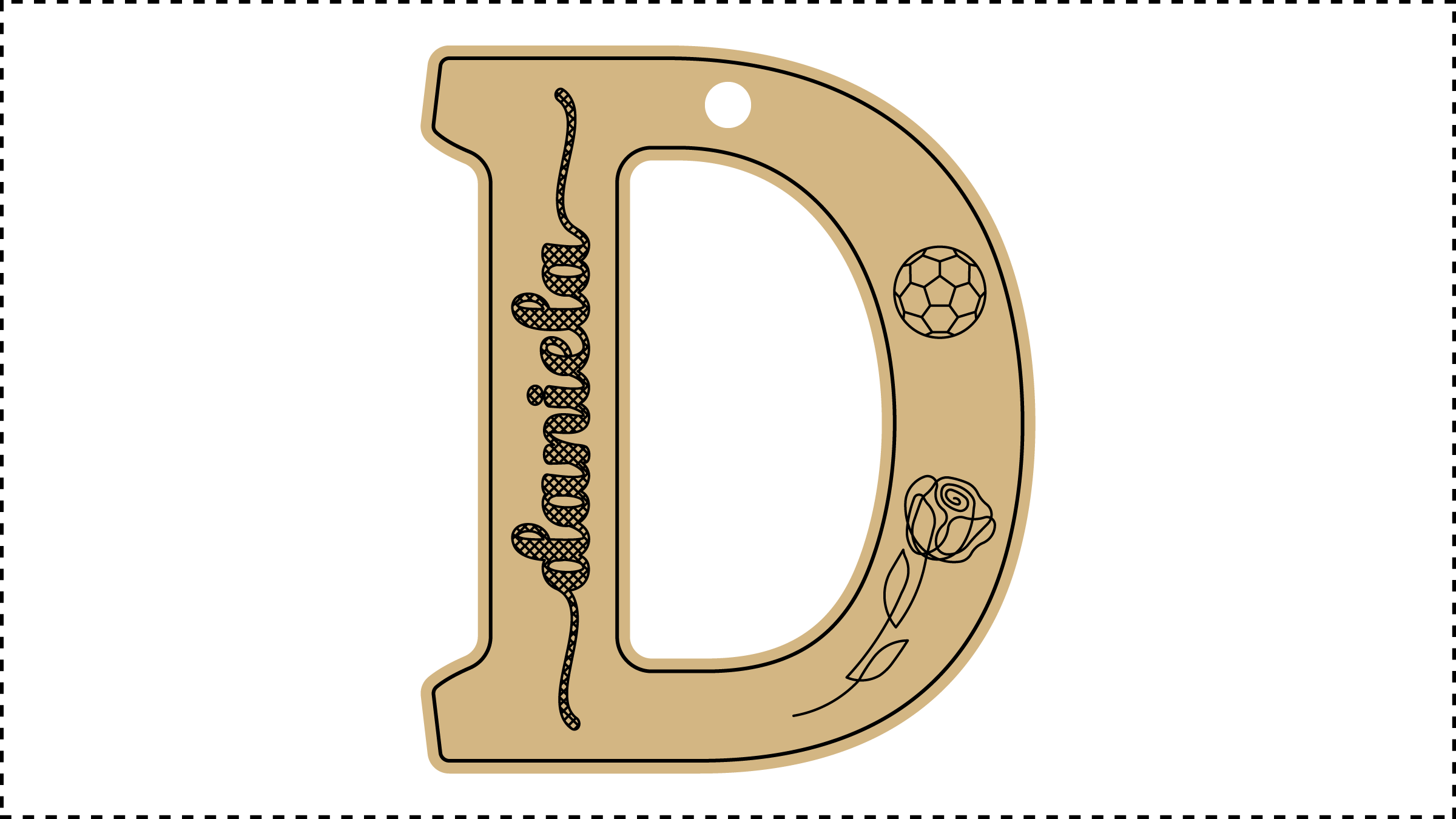 ••• D Name ••• Change the basic parameters Name, Size, and HoleDiameter. The HoleDiameter defaults to 0.19" diameter. The default template uses the Hilda Boby font with front and end tails. See parameter ChooseFont for other options.