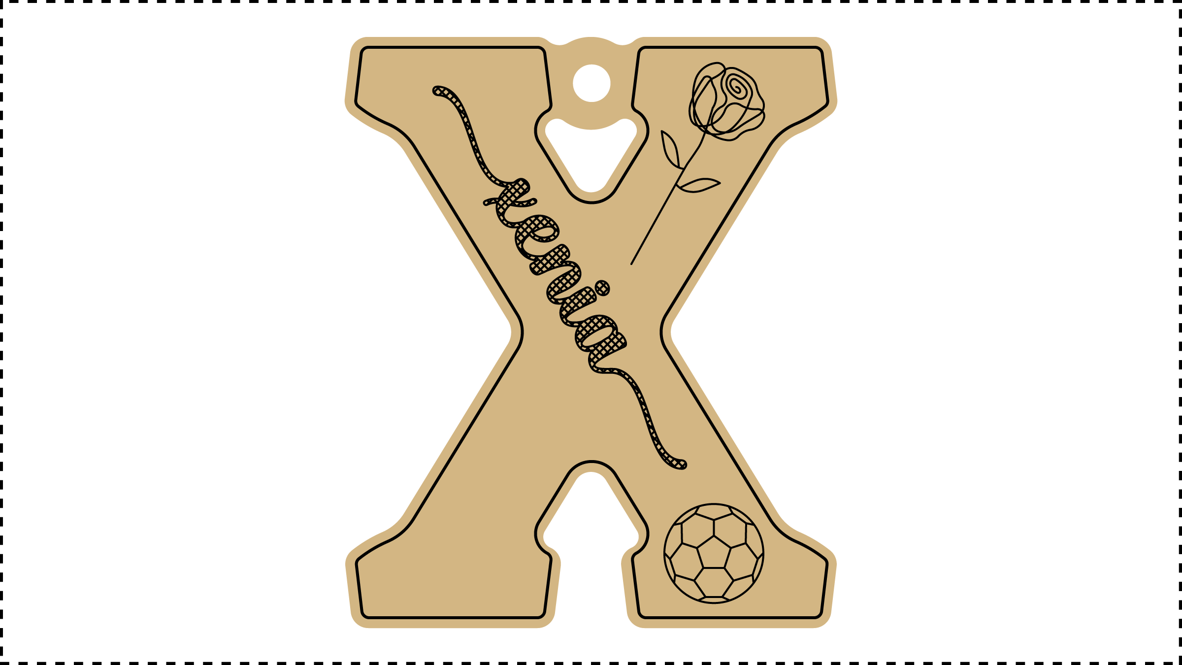 ••• X Name ••• Change the basic parameters Name, Size, and HoleDiameter. The HoleDiameter defaults to 0.19" diameter. The default template uses the Hilda Boby font with front and end tails. See parameter ChooseFont for other options.