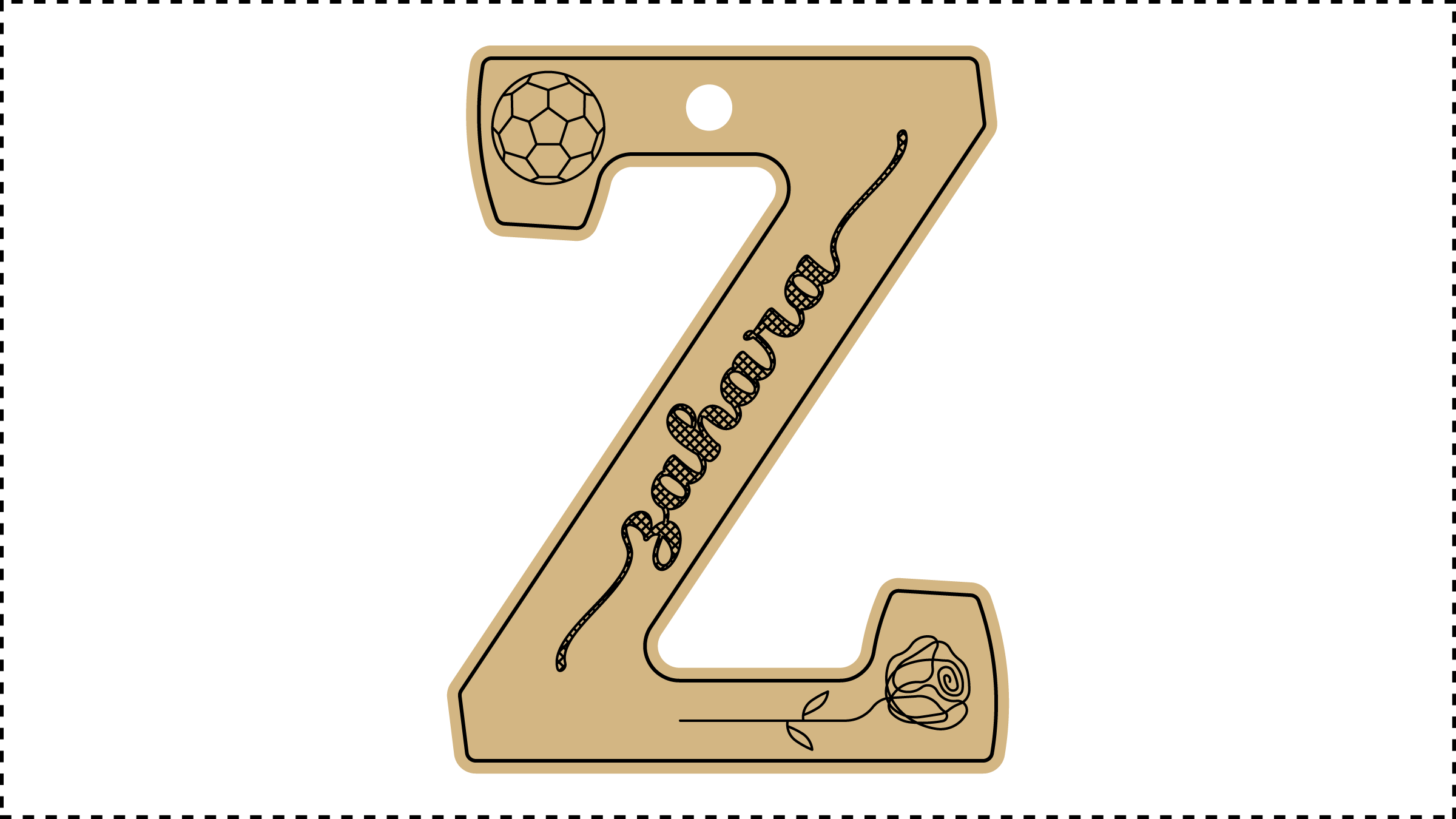 ••• Z Name ••• Change the basic parameters Name, Size, and HoleDiameter. The HoleDiameter defaults to 0.19" diameter. The default template uses the Hilda Boby font with front and end tails. See parameter ChooseFont for other options.