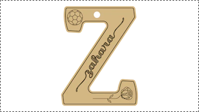 ••• Z Name ••• Change the basic parameters Name, Size, and HoleDiameter. The HoleDiameter defaults to 0.19" diameter. The default template uses the Hilda Boby font with front and end tails. See parameter ChooseFont for other options.