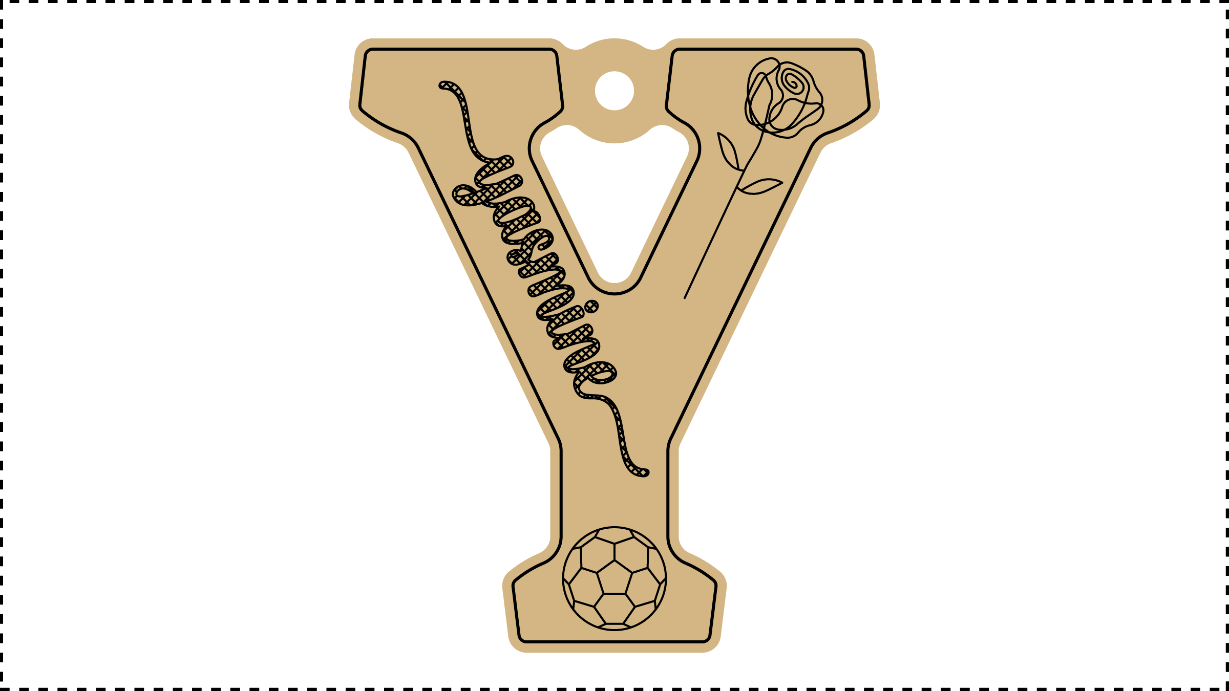••• Y Name ••• Change the basic parameters Name, Size, and HoleDiameter. The HoleDiameter defaults to 0.19" diameter. The default template uses the Hilda Boby font with front and end tails. See parameter ChooseFont for other options.