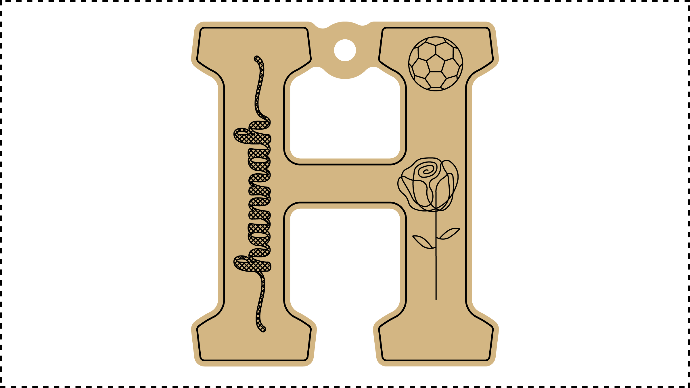 ••• H Name ••• Change the basic parameters Name, Size, and HoleDiameter. The HoleDiameter defaults to 0.19" diameter. The default template uses the Hilda Boby font with front and end tails. See parameter ChooseFont for other options.