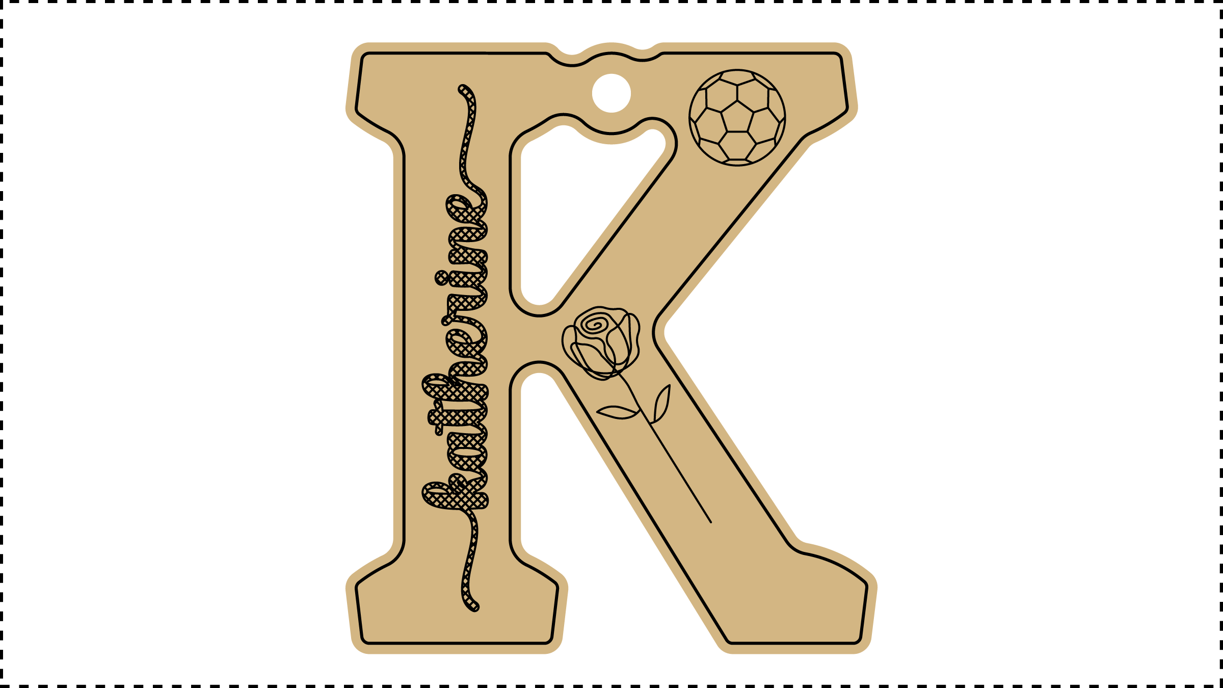 ••• K Name ••• Change the basic parameters Name, Size, and HoleDiameter. The HoleDiameter defaults to 0.19" diameter. The default template uses the Hilda Boby font with front and end tails. See parameter ChooseFont for other options.