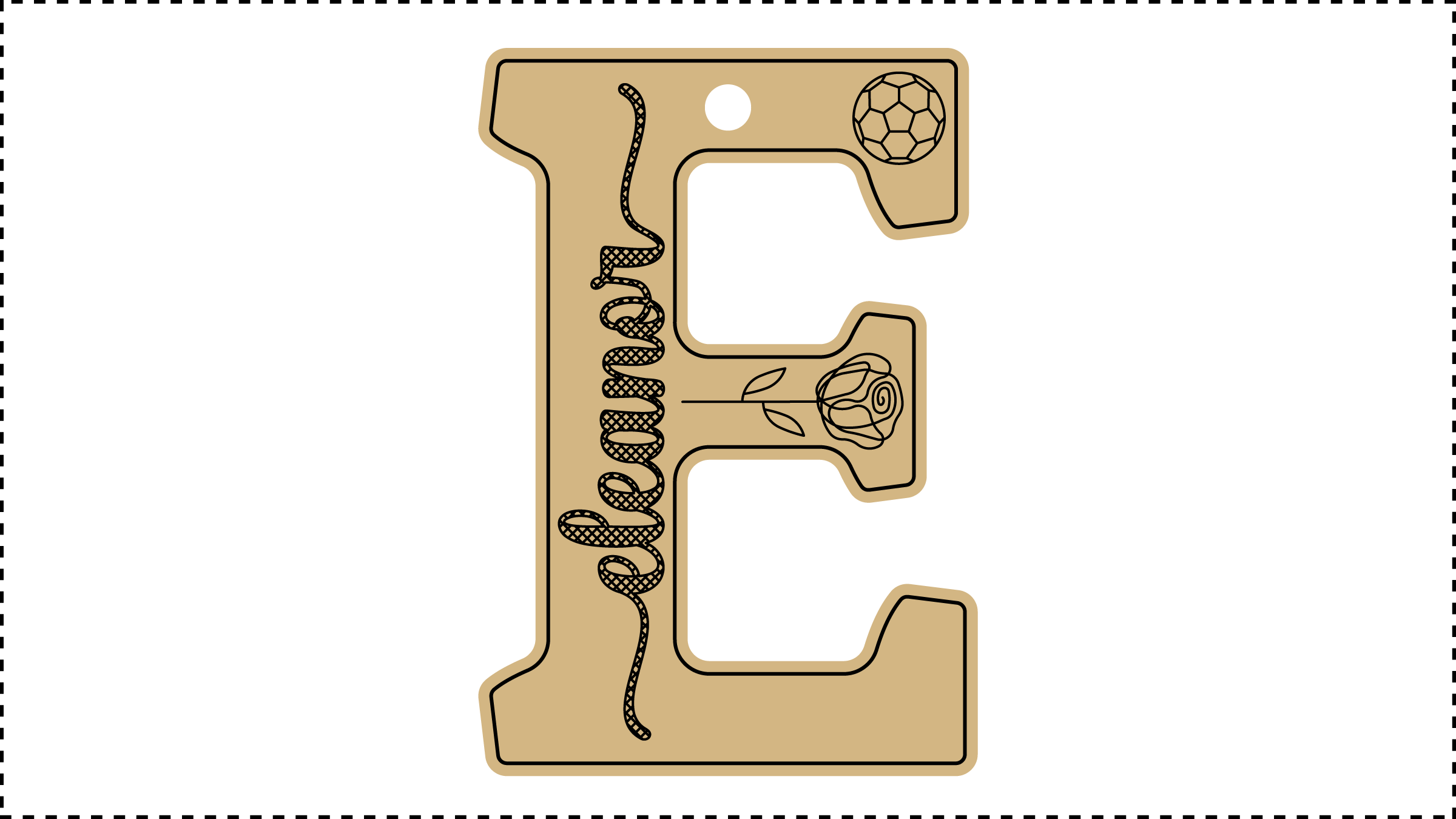 ••• E Name ••• Change the basic parameters Name, Size, and HoleDiameter. The HoleDiameter defaults to 0.19" diameter. The default template uses the Hilda Boby font with front and end tails. See parameter ChooseFont for other options.