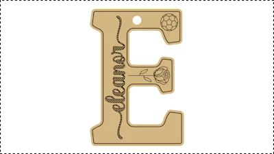 ••• E Name ••• Change the basic parameters Name, Size, and HoleDiameter. The HoleDiameter defaults to 0.19" diameter. The default template uses the Hilda Boby font with front and end tails. See parameter ChooseFont for other options.