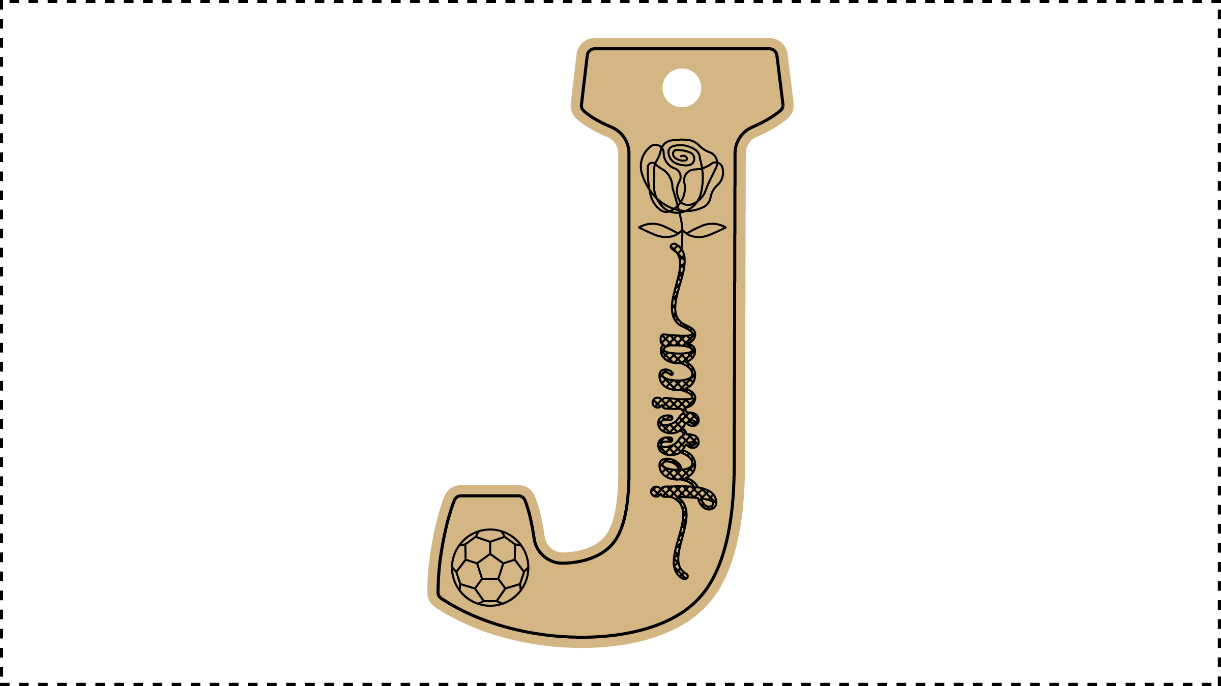 ••• J Name ••• Change the basic parameters Name, Size, and HoleDiameter. The HoleDiameter defaults to 0.19" diameter. The default template uses the Hilda Boby font with front and end tails. See parameter ChooseFont for other options.