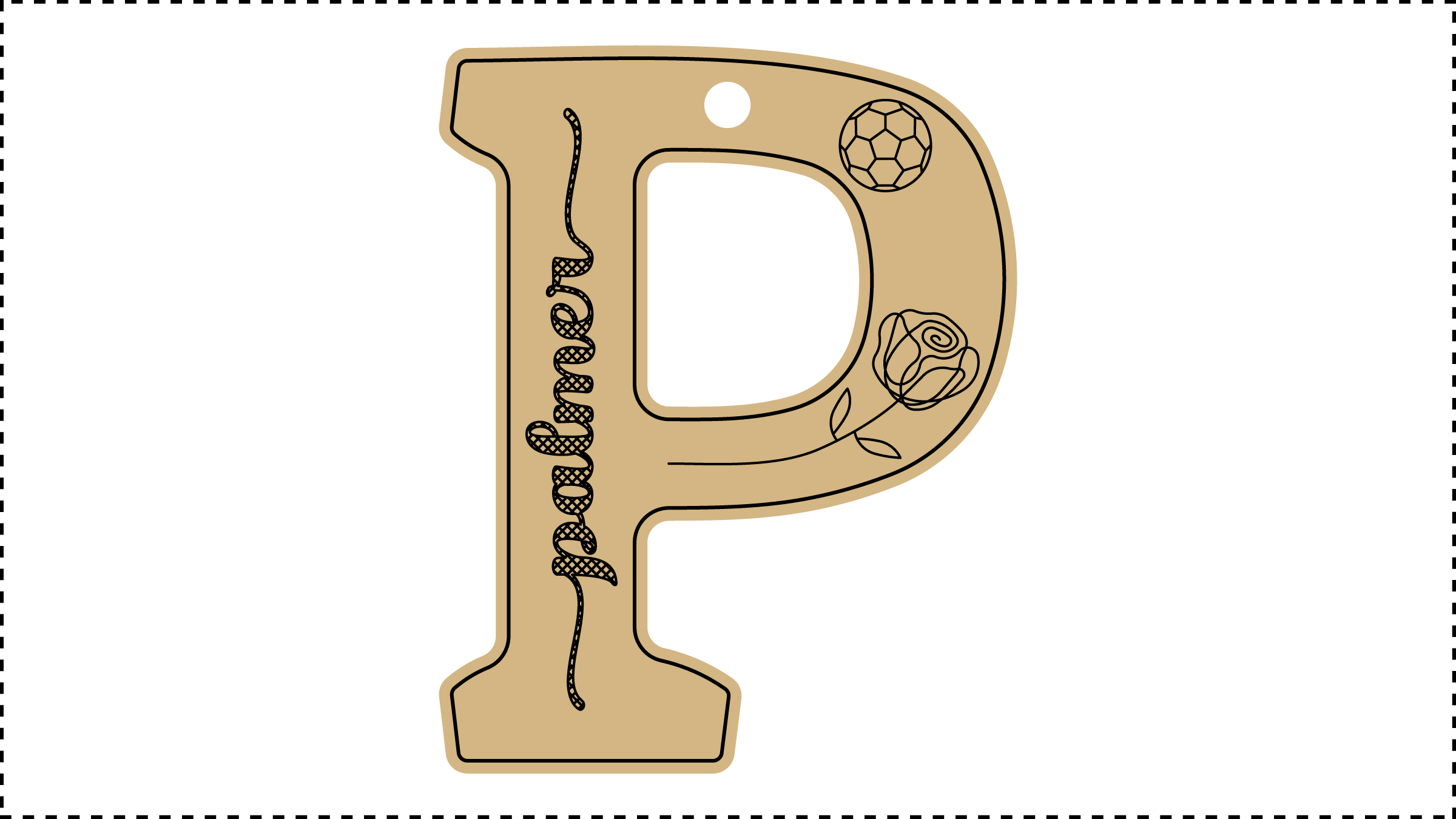••• P Name ••• Change the basic parameters Name, Size, and HoleDiameter. The HoleDiameter defaults to 0.19" diameter. The default template uses the Hilda Boby font with front and end tails. See parameter ChooseFont for other options.
