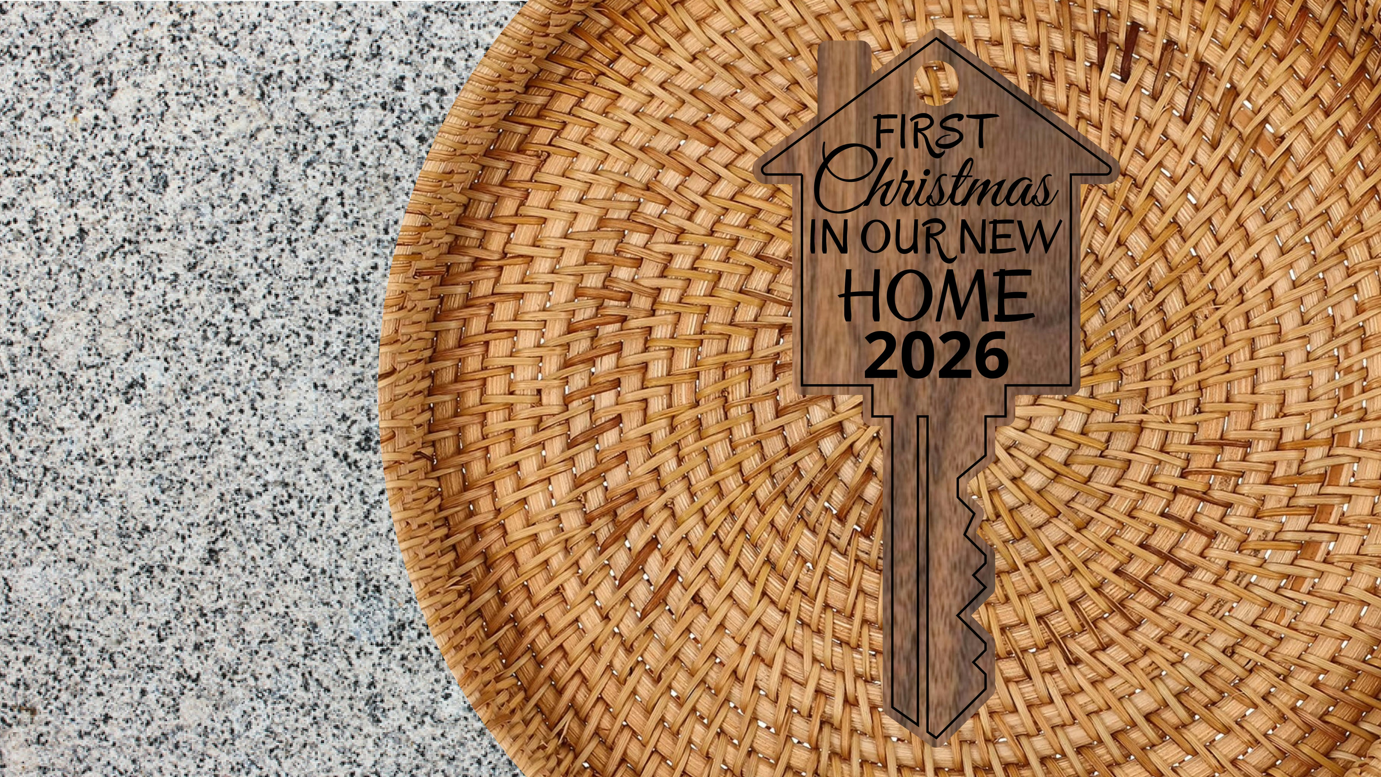 ••• First Christmas In Our New Home ••• Year Engraved ••• BLACK fill is engrave. BLUE is score and RED is cut. Size works best if it is 3 inches and above. If the size is smaller than 3 inches, the HoleDiameter needs to be reduced.
