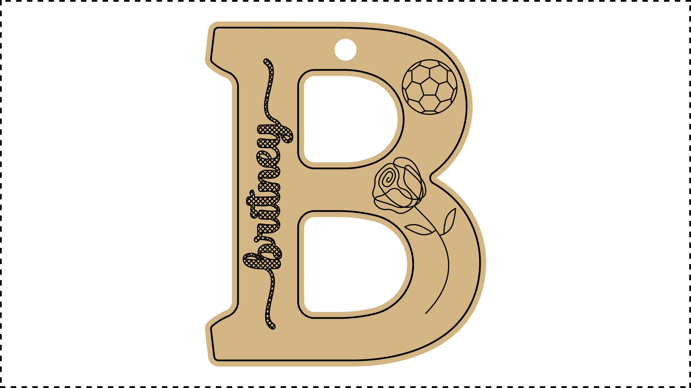 ••• B Name ••• Change the basic parameters Name, Size, and HoleDiameter. The HoleDiameter defaults to 0.19" diameter. The default template uses the Hilda Boby font with front and end tails. See parameter ChooseFont for other options.