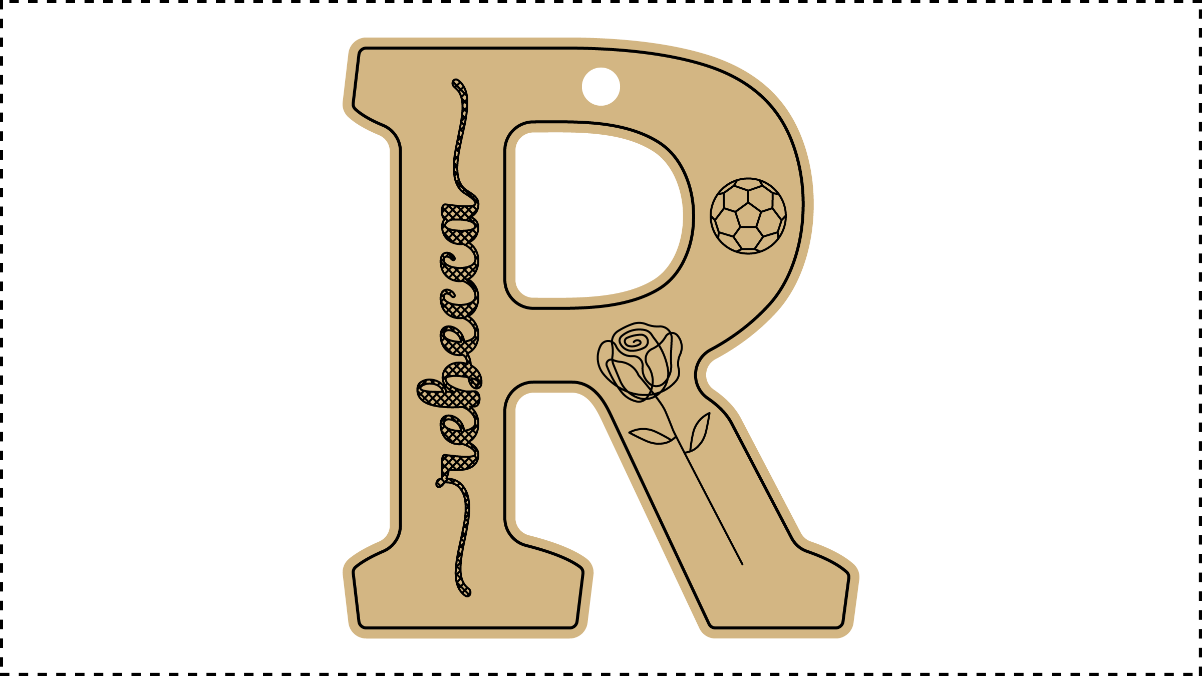 ••• R Name ••• Change the basic parameters Name, Size, and HoleDiameter. The HoleDiameter defaults to 0.19" diameter. The default template uses the Hilda Boby font with front and end tails. See parameter ChooseFont for other options.
