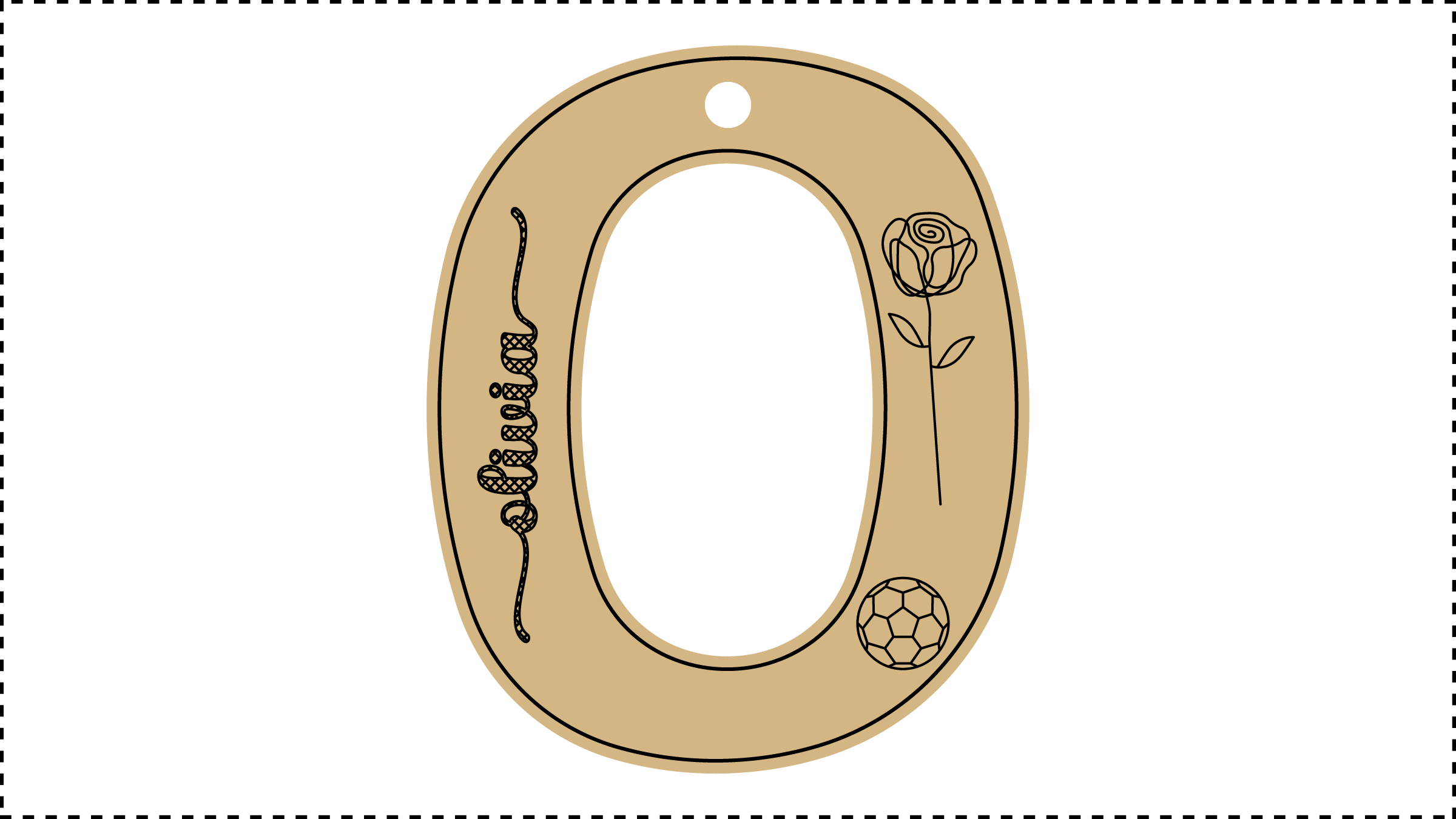 ••• O Name ••• Change the basic parameters Name, Size, and HoleDiameter. The HoleDiameter defaults to 0.19" diameter. The default template uses the Hilda Boby font with front and end tails. See parameter ChooseFont for other options.