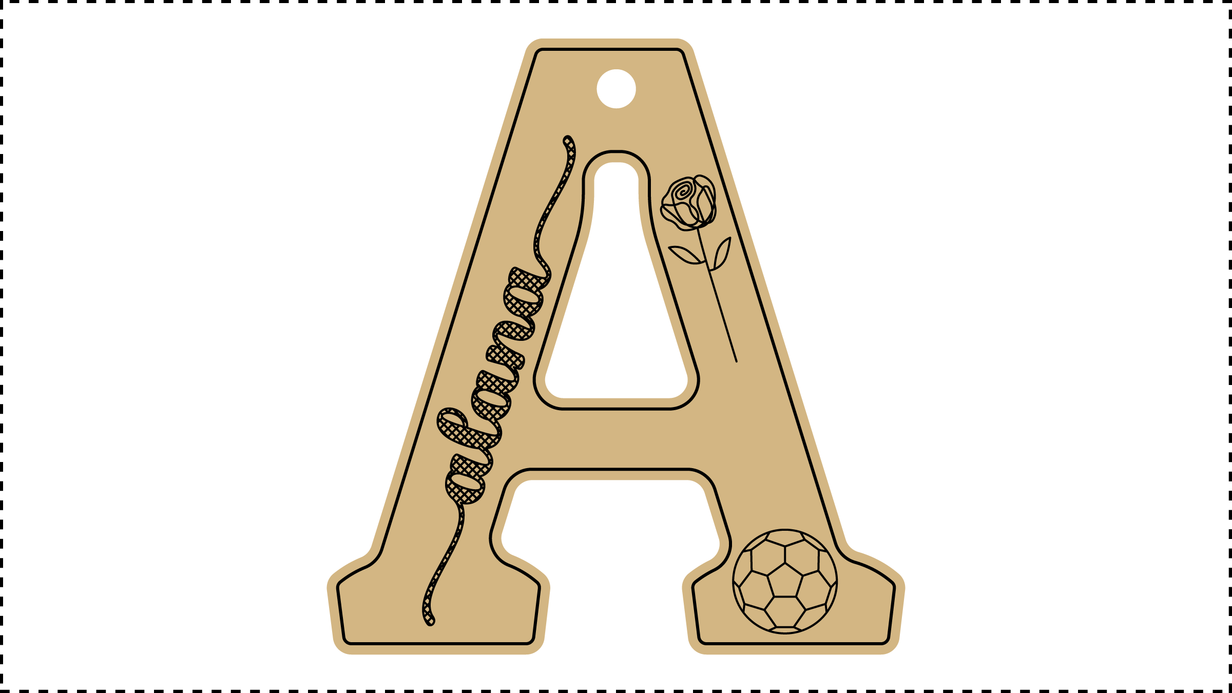 ••• A Name ••• Change the basic parameters Name, Size, and HoleDiameter. The HoleDiameter defaults to 0.19" diameter. The default template uses the Hilda Boby font with front and end tails. See parameter ChooseFont for other options.