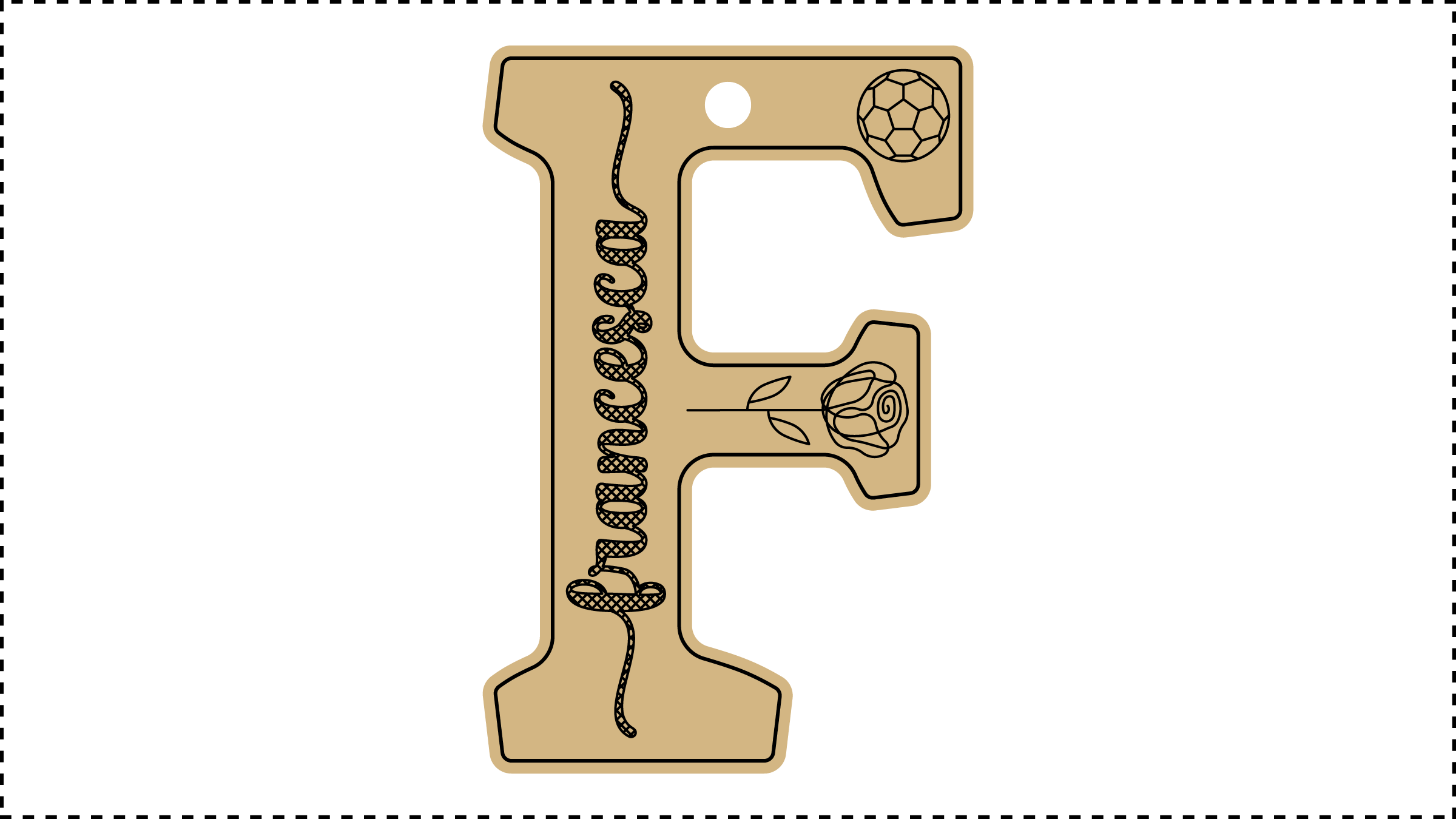 ••• F Name ••• Change the basic parameters Name, Size, and HoleDiameter. The HoleDiameter defaults to 0.19" diameter. The default template uses the Hilda Boby font with front and end tails. See parameter ChooseFont for other options.