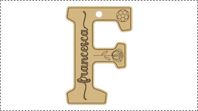 ••• F Name ••• Change the basic parameters Name, Size, and HoleDiameter. The HoleDiameter defaults to 0.19" diameter. The default template uses the Hilda Boby font with front and end tails. See parameter ChooseFont for other options.