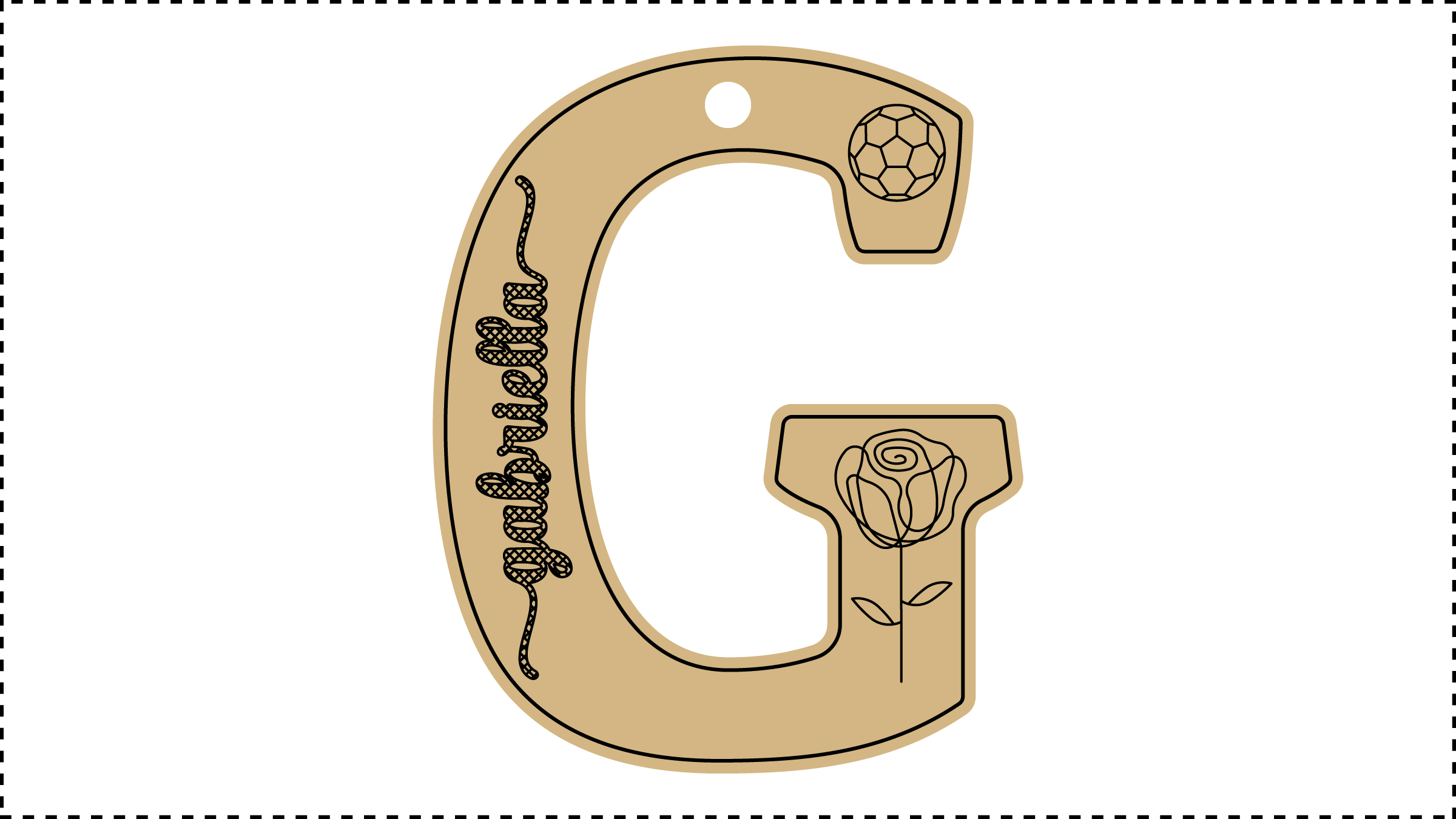 ••• G Name ••• Change the basic parameters Name, Size, and HoleDiameter. The HoleDiameter defaults to 0.19" diameter. The default template uses the Hilda Boby font with front and end tails. See parameter ChooseFont for other options.