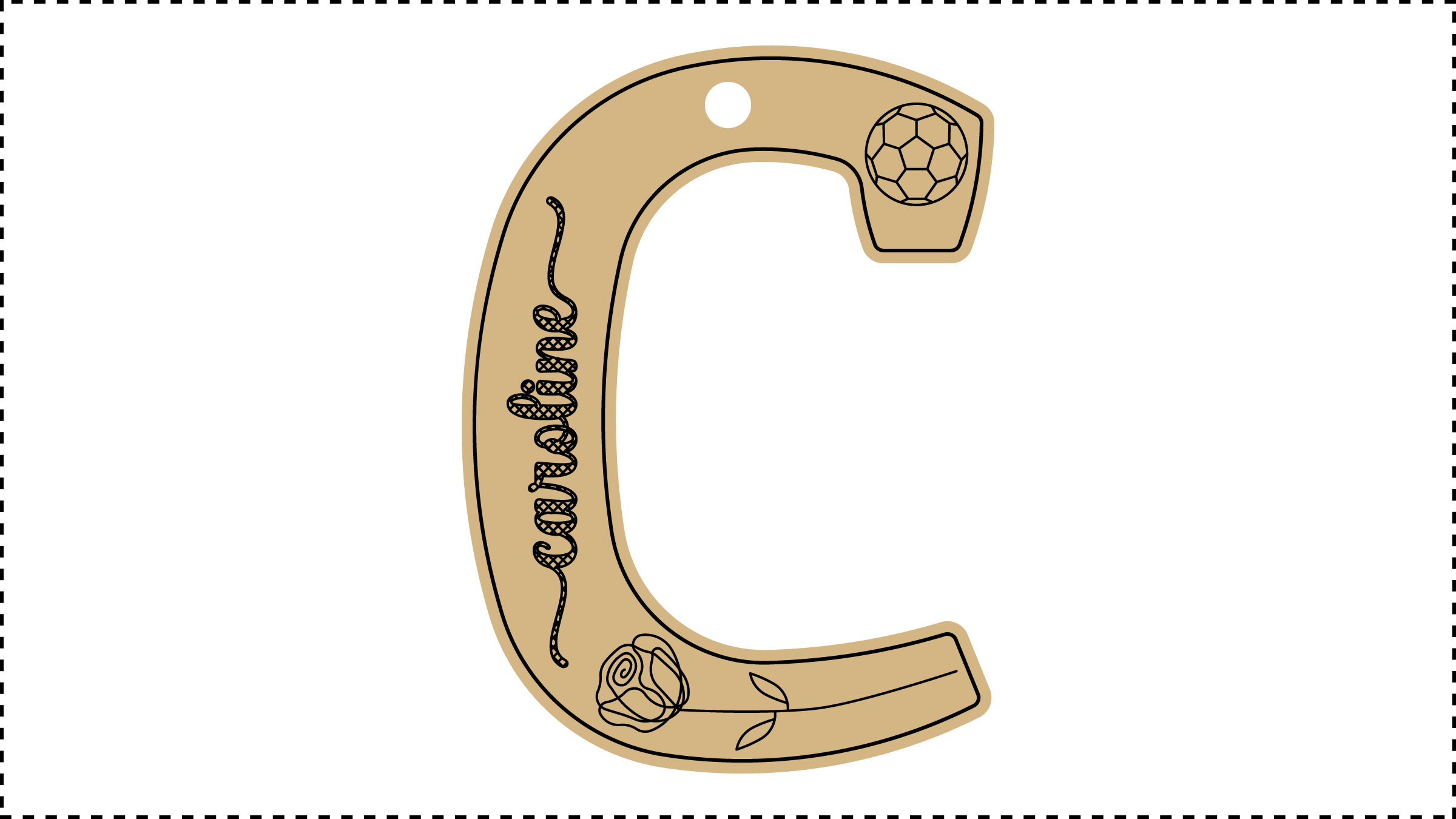 ••• C Name ••• Change the basic parameters Name, Size, and HoleDiameter. The HoleDiameter defaults to 0.19" diameter. The default template uses the Hilda Boby font with front and end tails. See parameter ChooseFont for other options.
