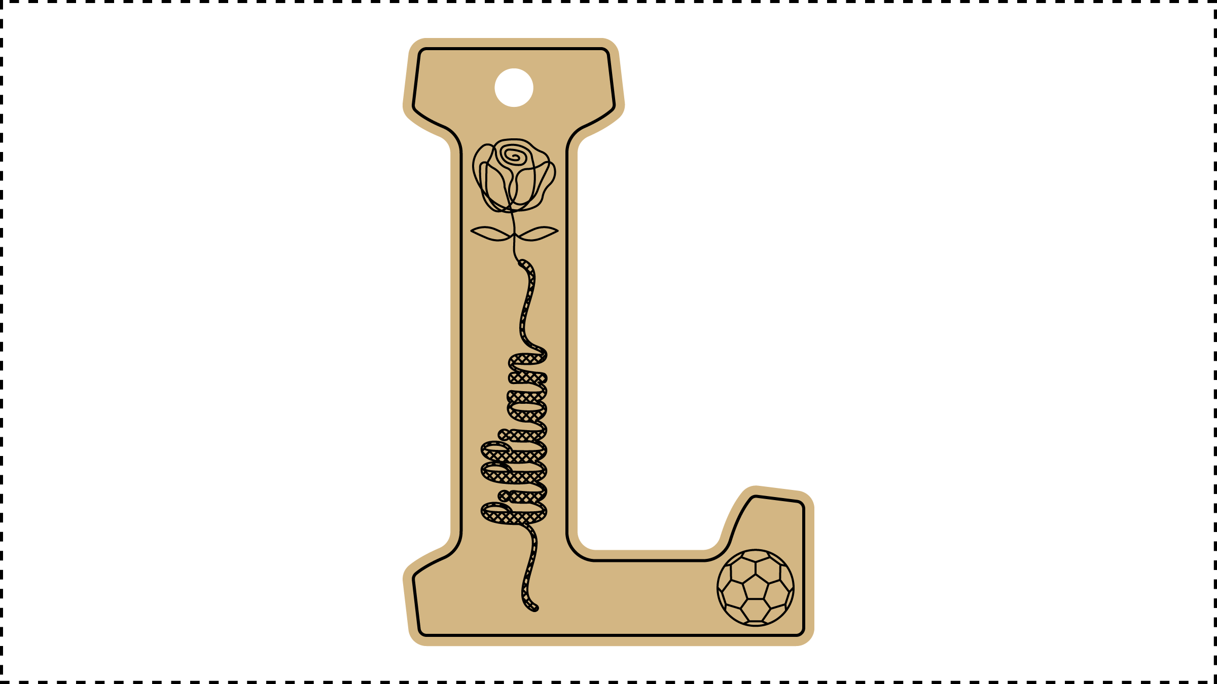 ••• L Name ••• Change the basic parameters Name, Size, and HoleDiameter. The HoleDiameter defaults to 0.19" diameter. The default template uses the Hilda Boby font with front and end tails. See parameter ChooseFont for other options.