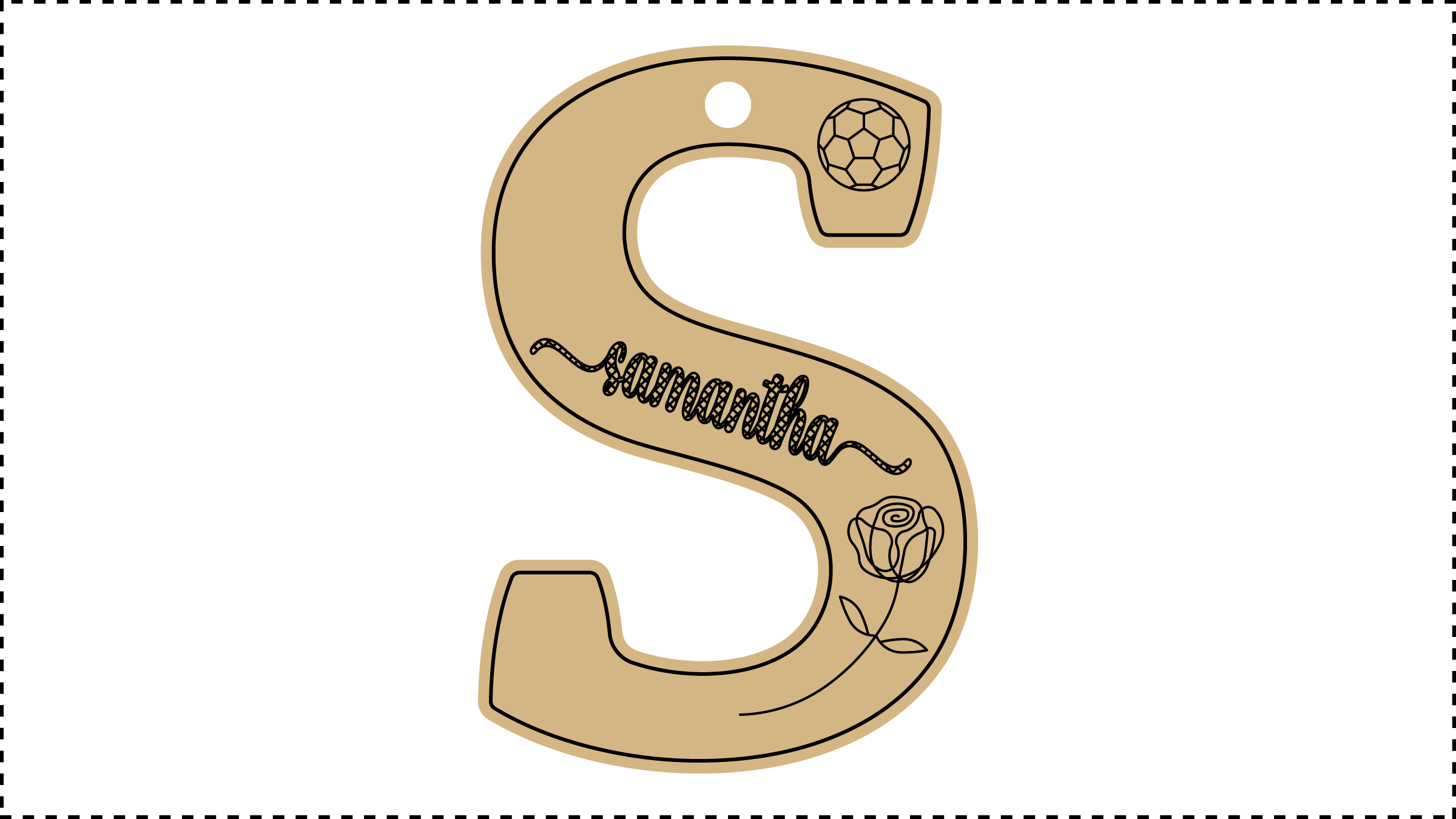 ••• S Name ••• Change the basic parameters Name, Size, and HoleDiameter. The HoleDiameter defaults to 0.19" diameter. The default template uses the Hilda Boby font with front and end tails. See parameter ChooseFont for other options.