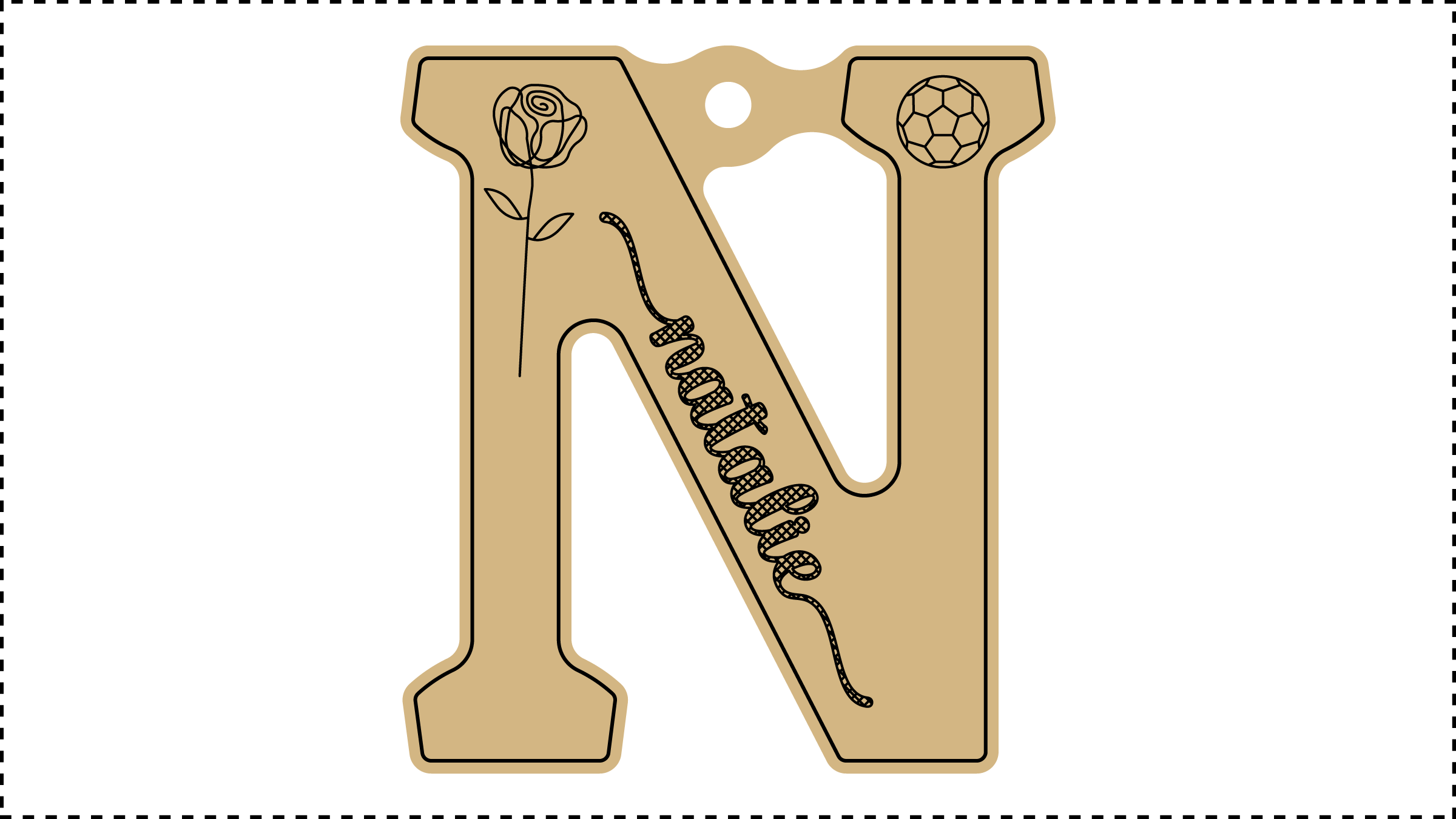 ••• N Name ••• Change the basic parameters Name, Size, and HoleDiameter. The HoleDiameter defaults to 0.19" diameter. The default template uses the Hilda Boby font with front and end tails. See parameter ChooseFont for other options.