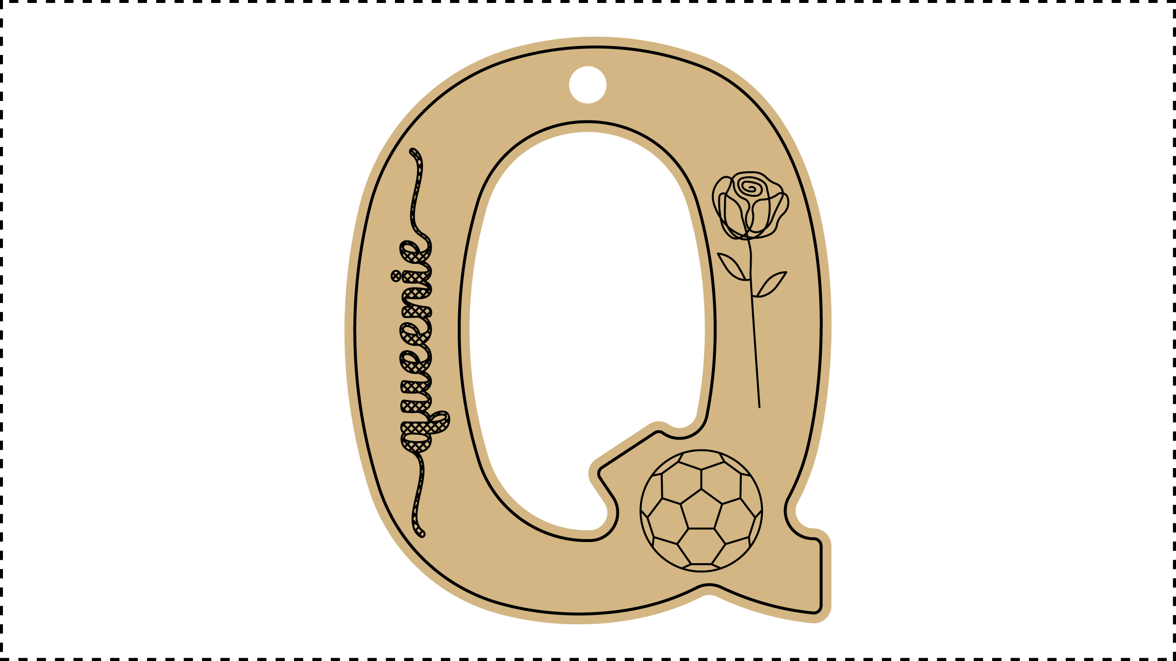 ••• Q Name ••• Change the basic parameters Name, Size, and HoleDiameter. The HoleDiameter defaults to 0.19" diameter. The default template uses the Hilda Boby font with front and end tails. See parameter ChooseFont for other options.