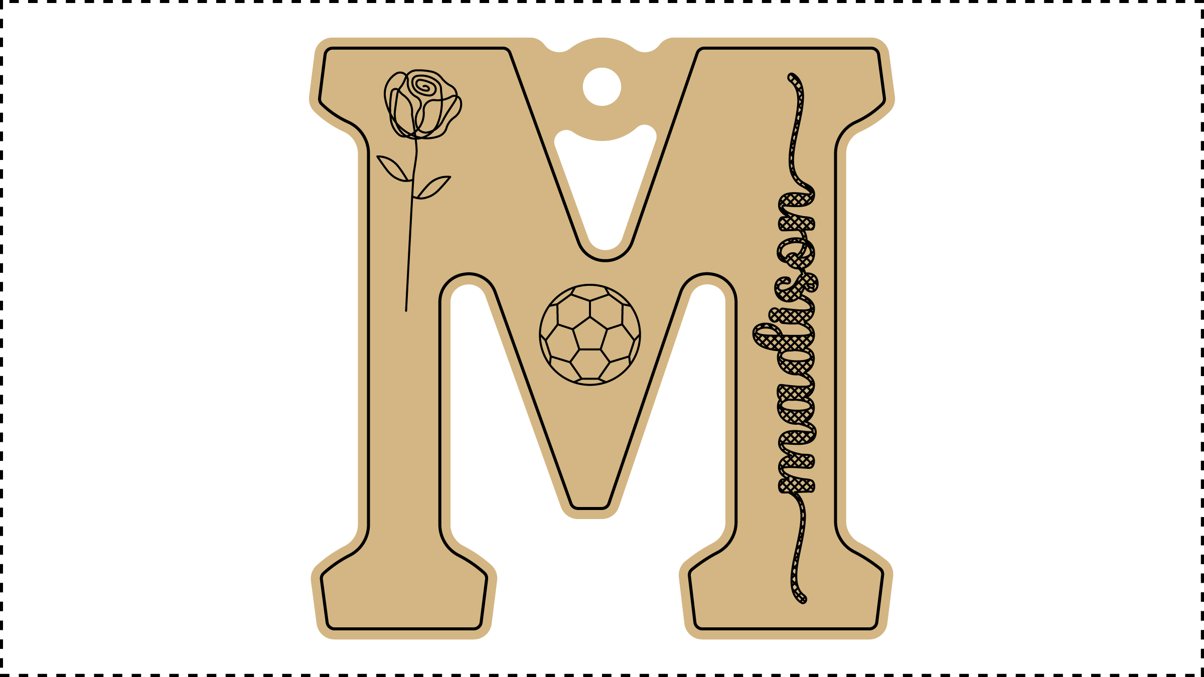••• M Name ••• Change the basic parameters Name, Size, and HoleDiameter. The HoleDiameter defaults to 0.19" diameter. The default template uses the Hilda Boby font with front and end tails. See parameter ChooseFont for other options.