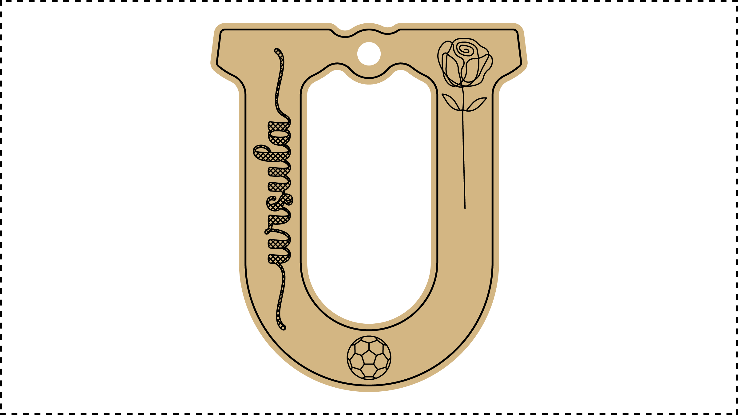 ••• U Name ••• Change the basic parameters Name, Size, and HoleDiameter. The HoleDiameter defaults to 0.19" diameter. The default template uses the Hilda Boby font with front and end tails. See parameter ChooseFont for other options.