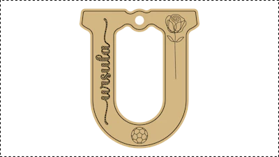 ••• U Name ••• Change the basic parameters Name, Size, and HoleDiameter. The HoleDiameter defaults to 0.19" diameter. The default template uses the Hilda Boby font with front and end tails. See parameter ChooseFont for other options.