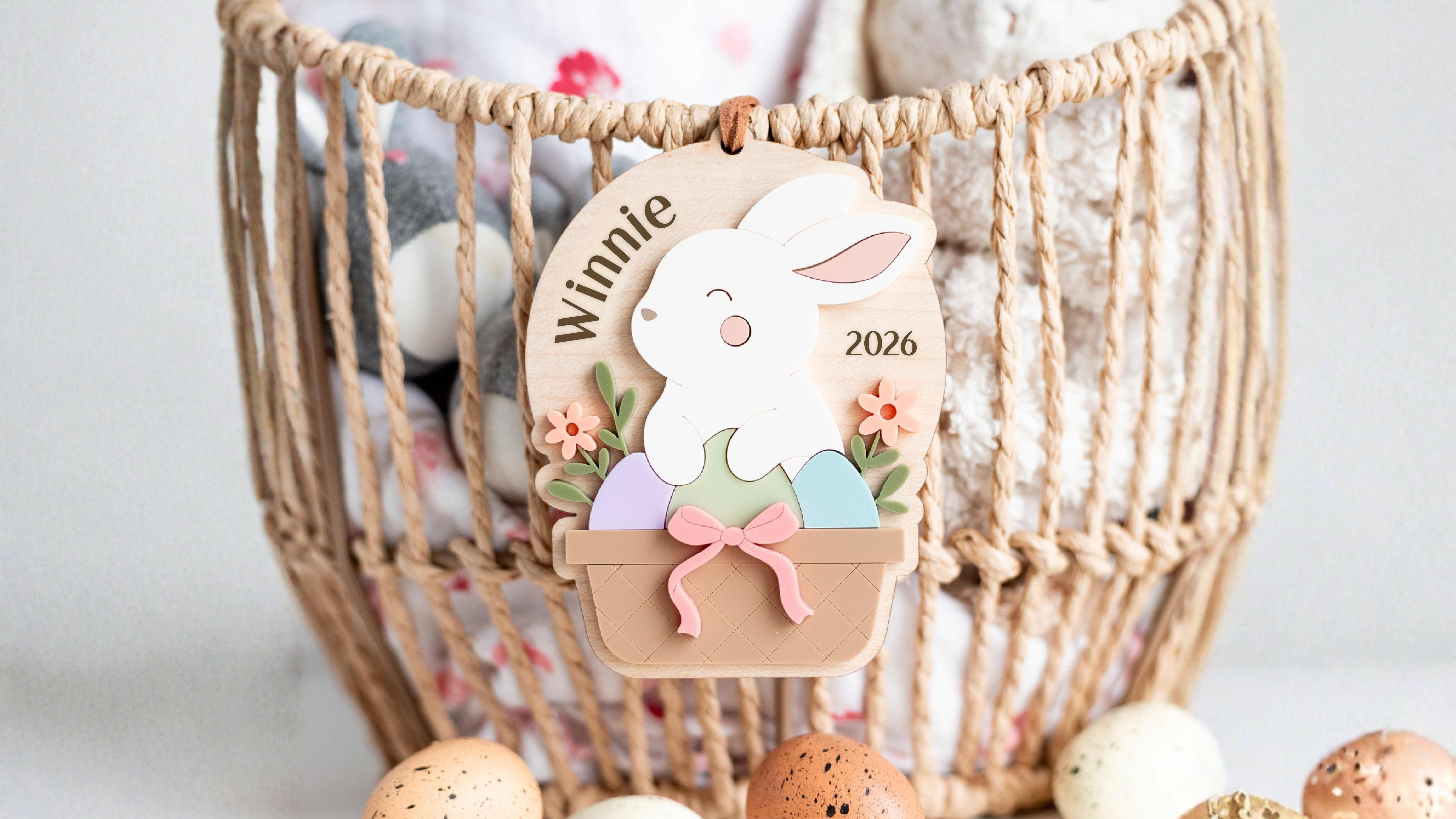 Bunny in Basket with Flowers Easter Tag