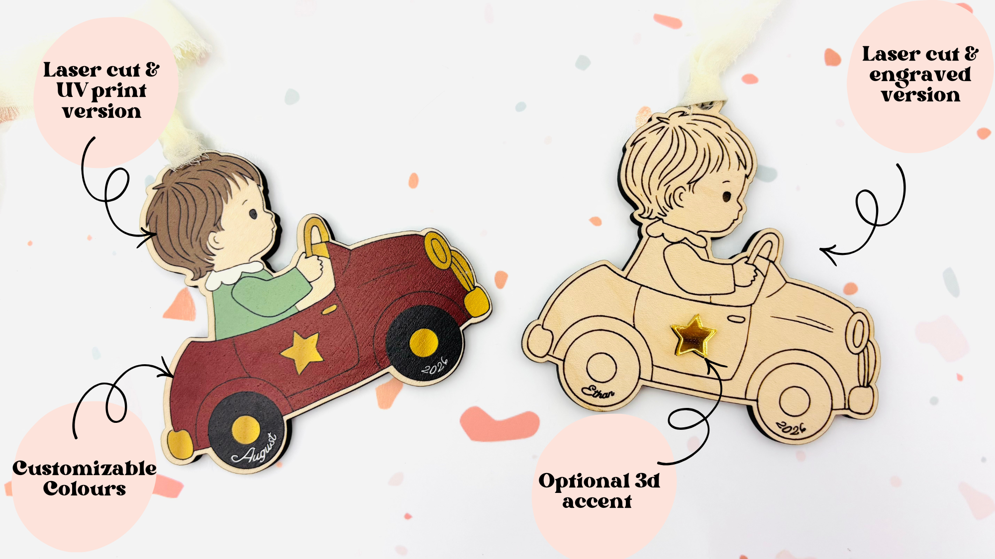 Vintage Storybook - Boy in Car Christmas Ornament