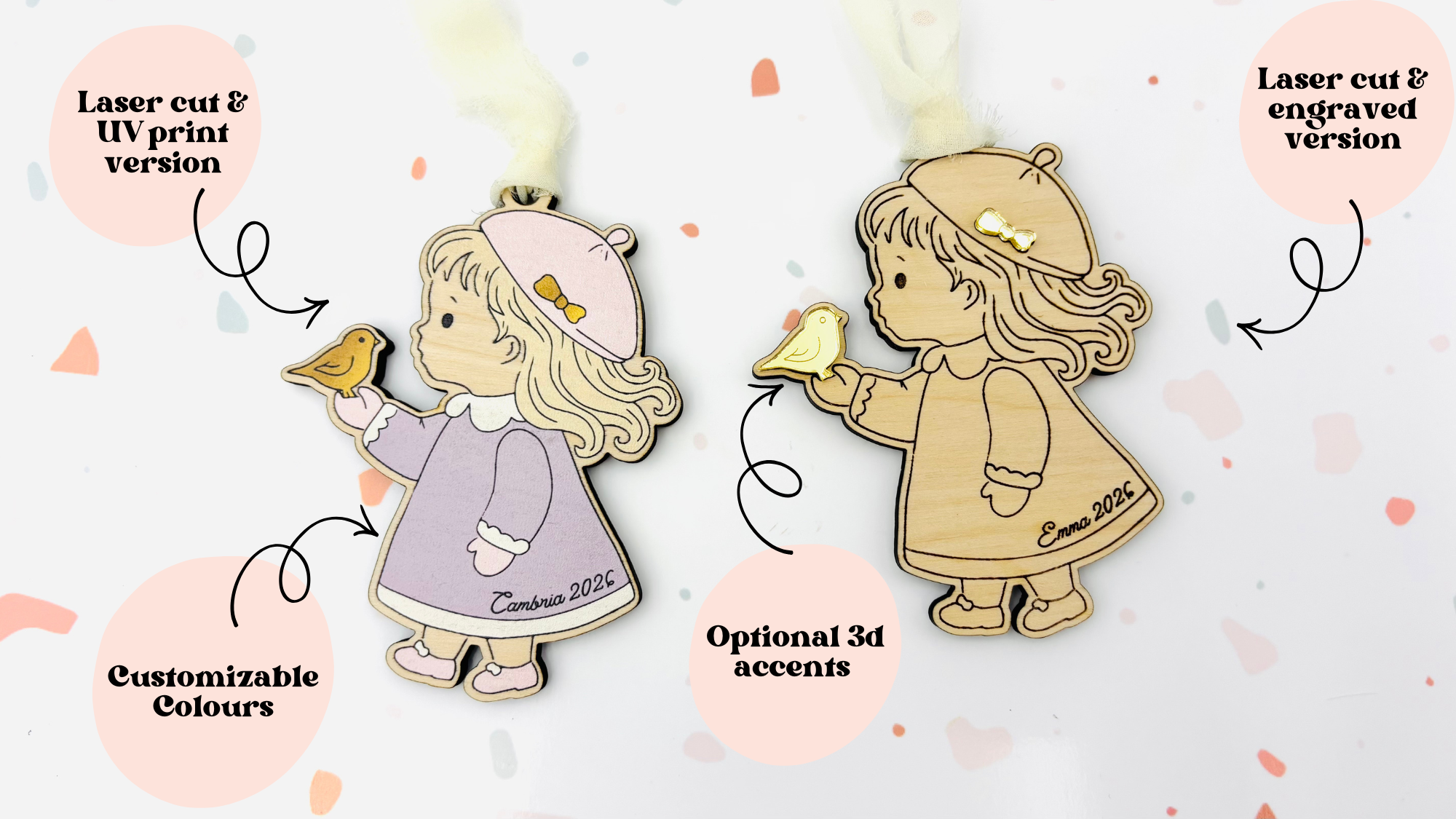 Vintage Storybook - Girl Holding Bird Christmas Ornament 