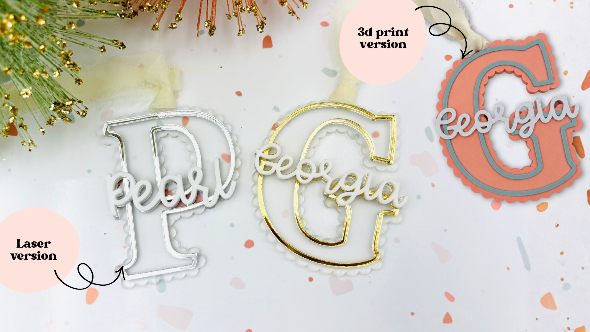 Initial and Name Ornament/Bag Tag - Scalloped Edge