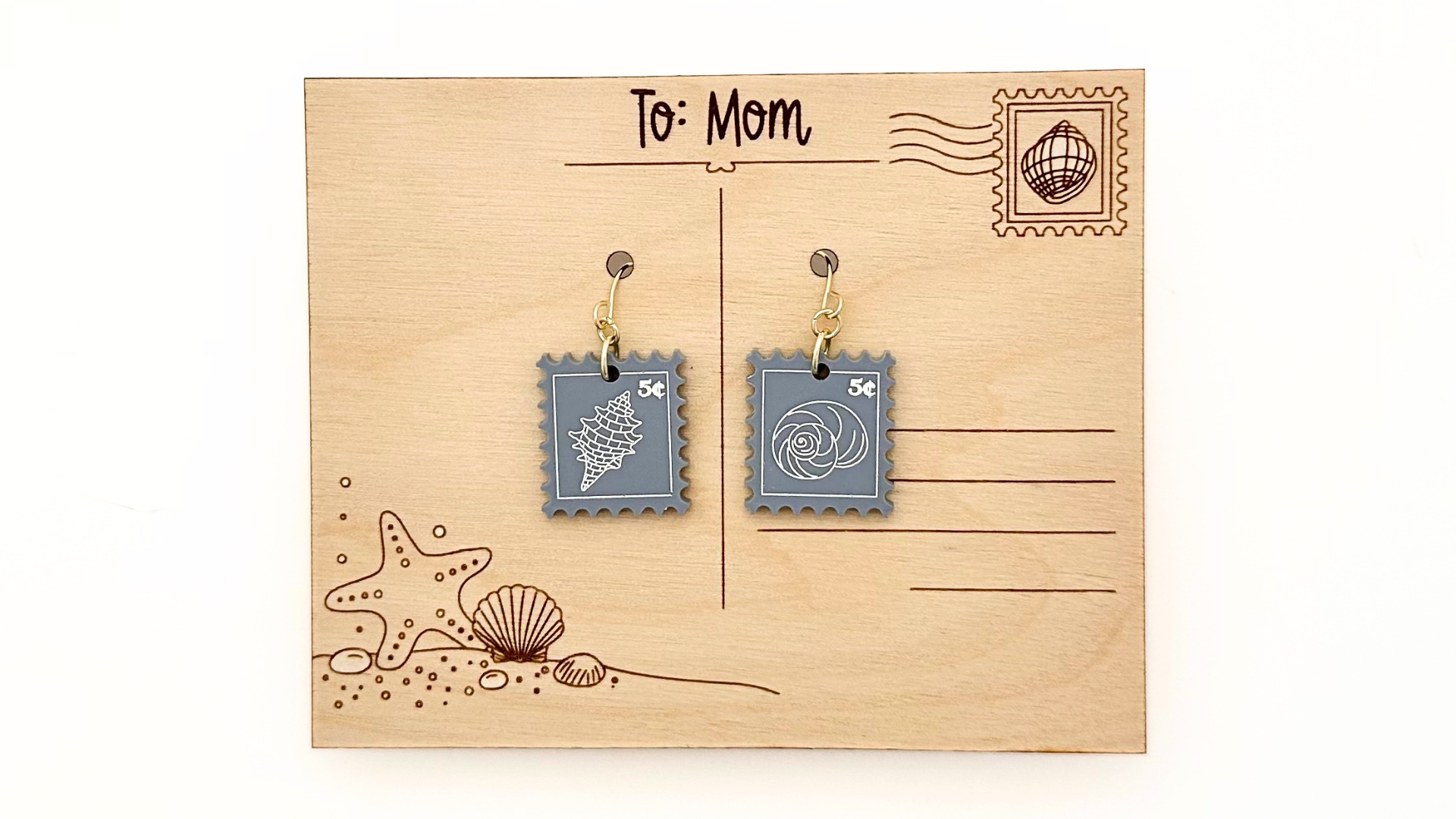 Seashell Postage Stamp Earrings and Postcard