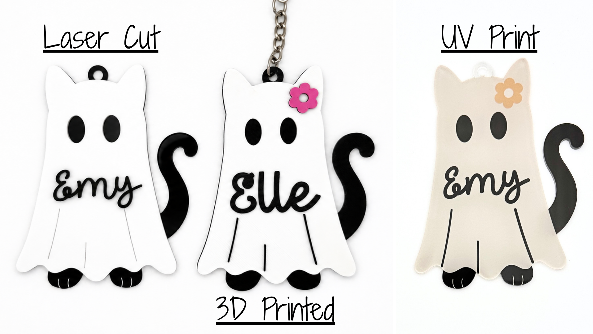 Ghost Cat Bag Tag Laser Cut and 3D Print